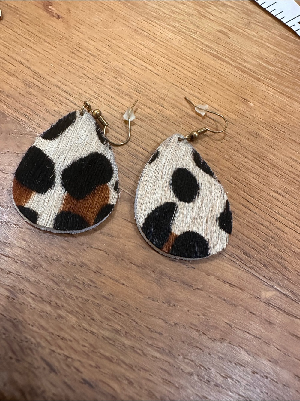 white birch Leopard Teardrop Earrings in Cream, Black & Brown